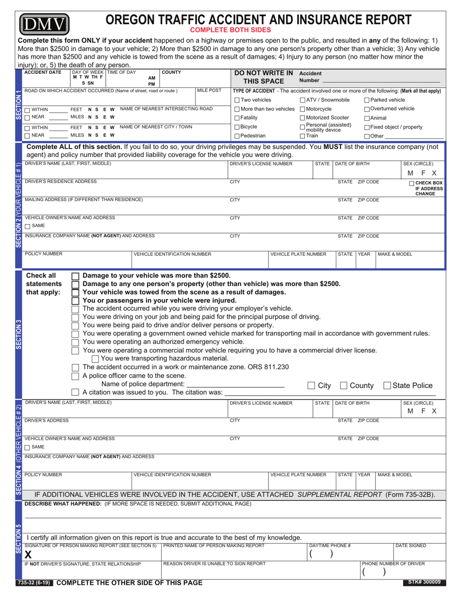 Form 735-32 Oregon Traffic Accident and Insurance Report - Oregon, Page 1