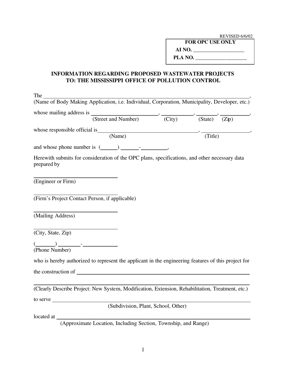 Information Regarding Proposed Wastewater Projects to: the Mississippi Office of Pollution Control - Mississippi, Page 1