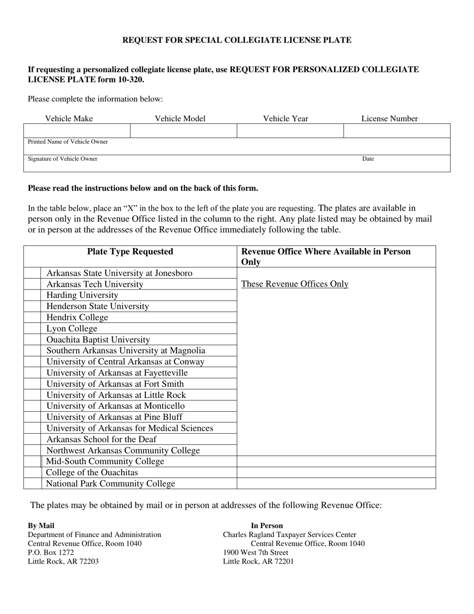 Request for Special Collegiate License Plate - Arkansas, Page 1