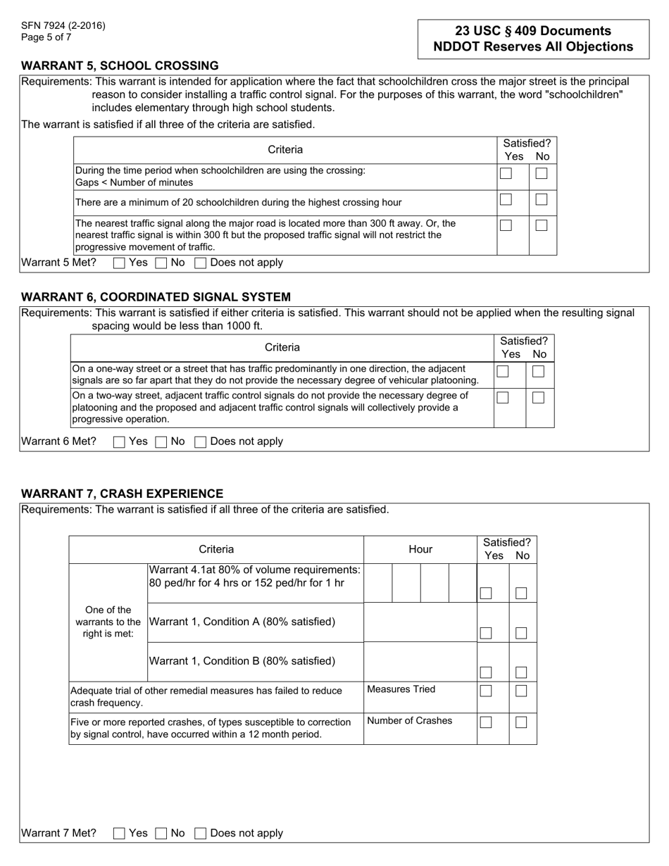 Form SFN7924 Traffic Control Study - Warrants for Traffic Signals - North Dakota, Page 5