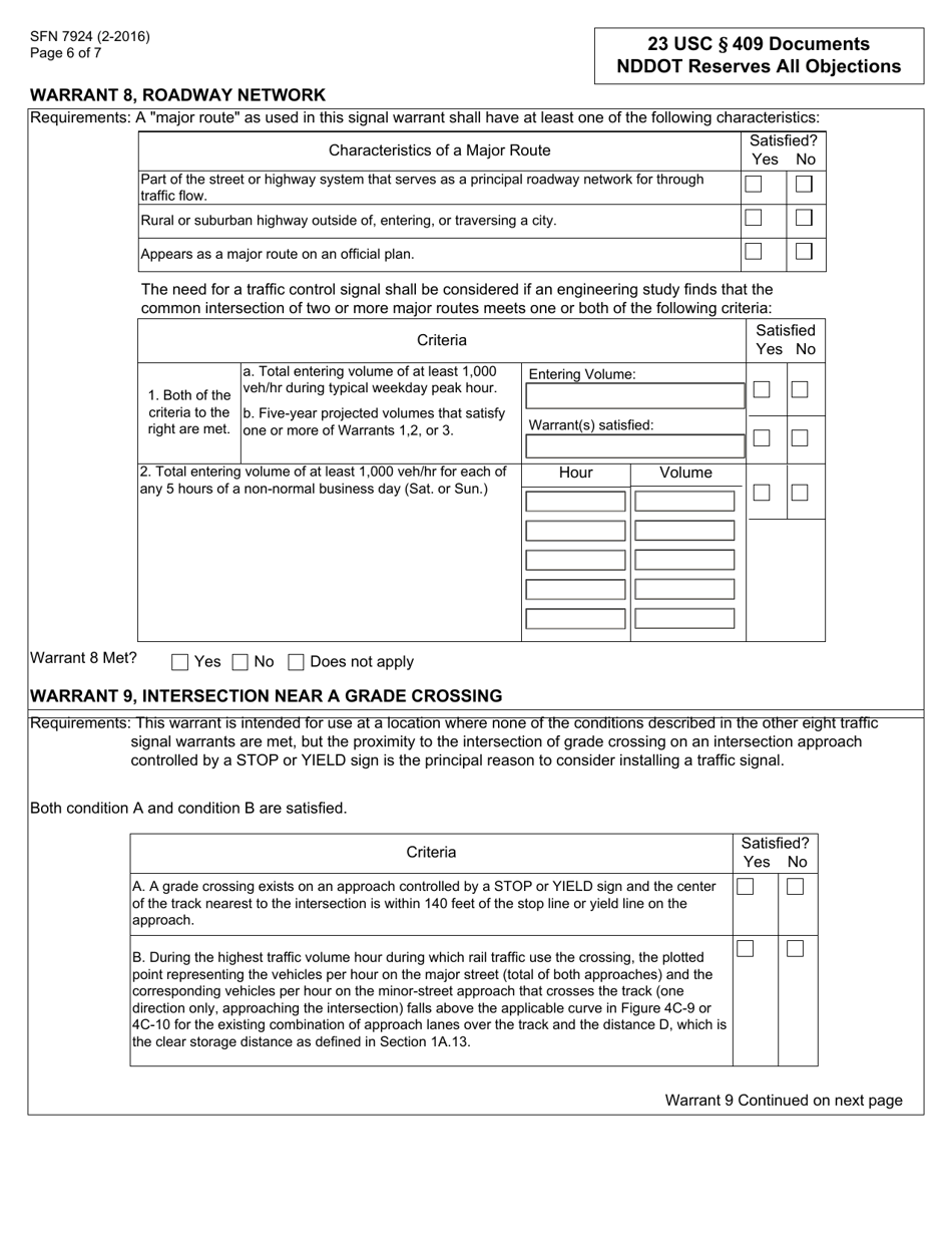 Form SFN7924 Traffic Control Study - Warrants for Traffic Signals - North Dakota, Page 6