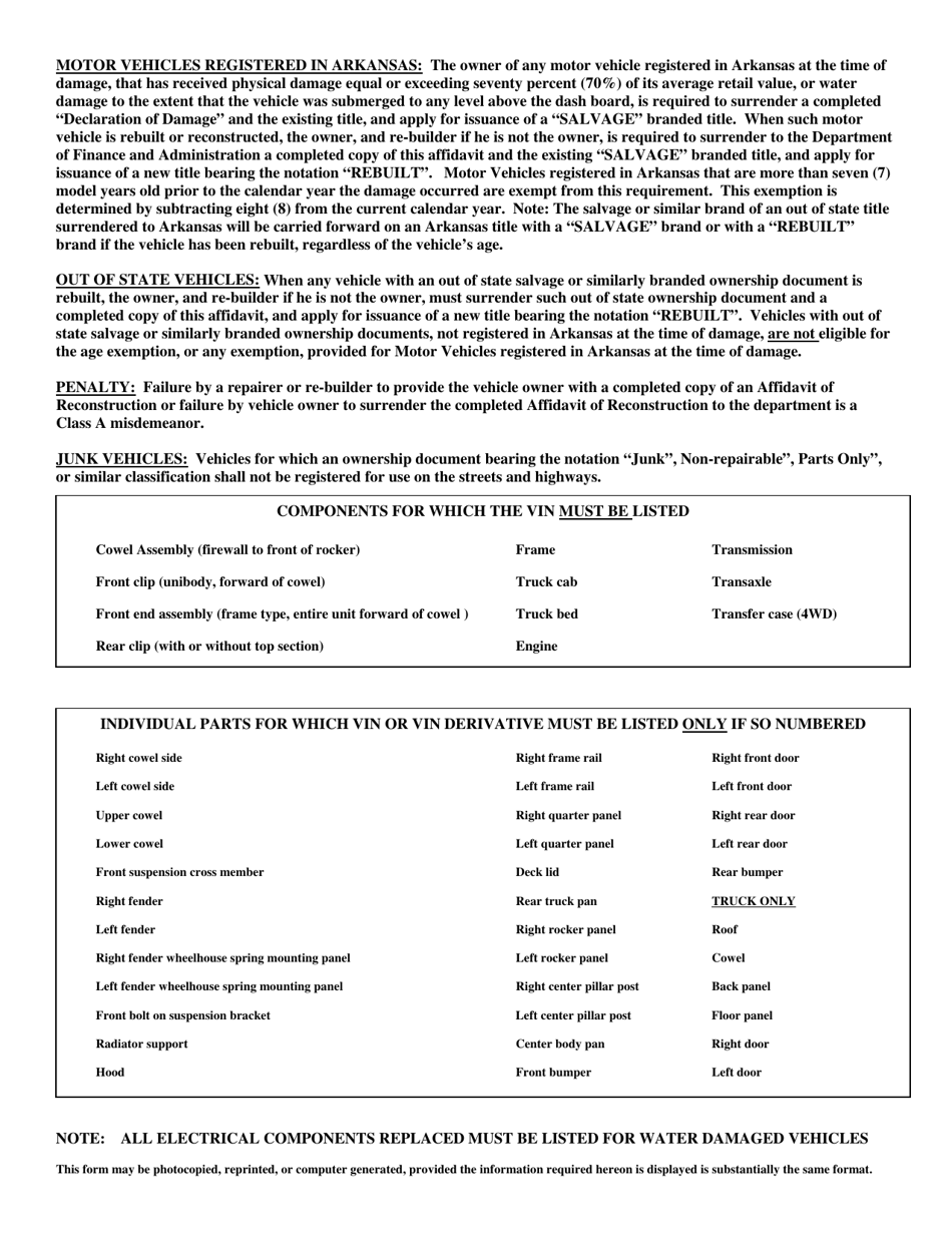 Affidavit of Reconstruction for a Salvage Motor Vehicle - Arkansas, Page 2