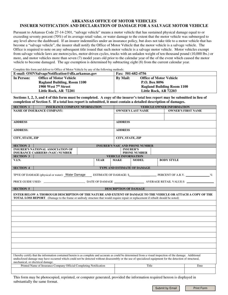 Insurer Notification and Declaration of Damage for a Salvage Motor Vehicle - Arkansas, Page 1