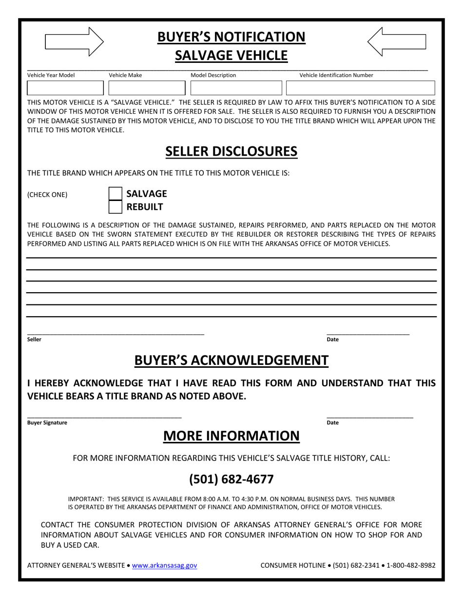 Salvage Vehicle Buyers Notification - Arkansas, Page 1