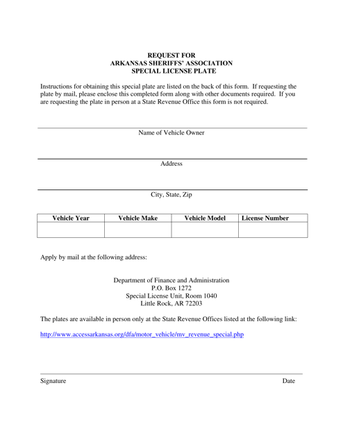 Request for Arkansas Sheriffs' Association Special License Plate - Arkansas Download Pdf