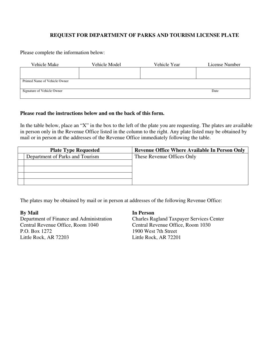Request for Department of Parks and Tourism License Plate - Arkansas, Page 1