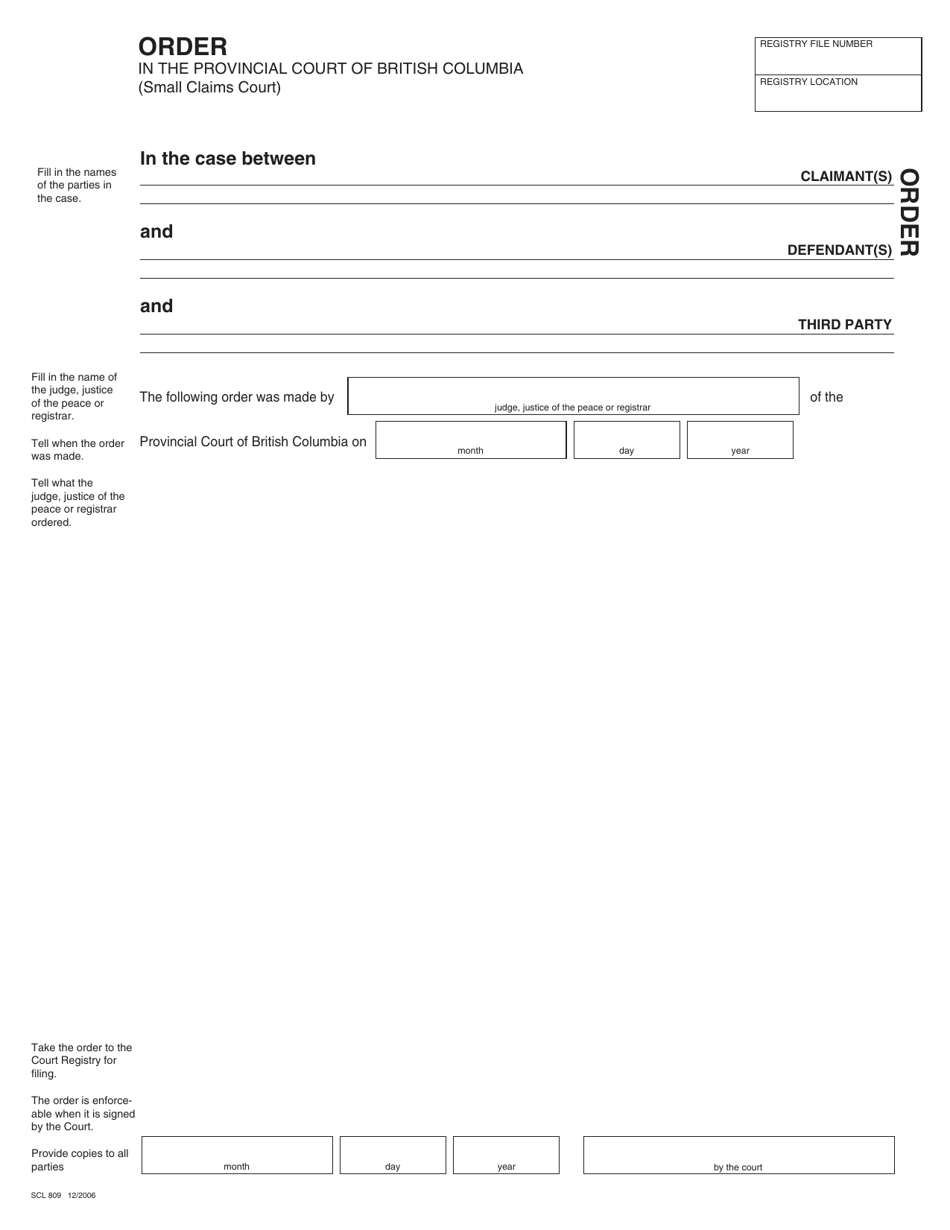 Form SCL809 Order - British Columbia, Canada, Page 1
