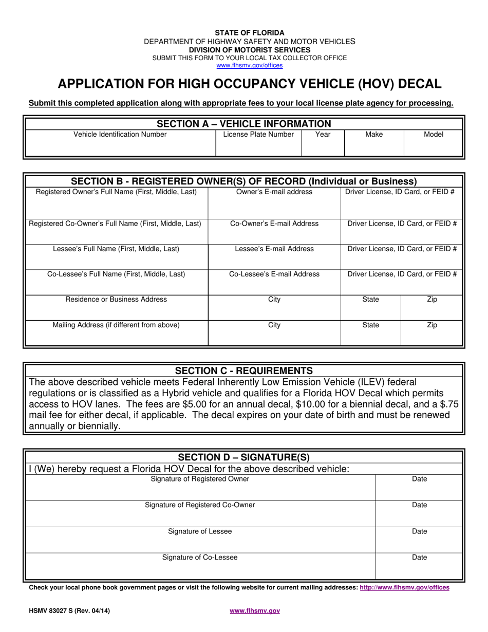 Form HSMV83027 Application for High Occupancy Vehicle (Hov) Decal - Florida, Page 1
