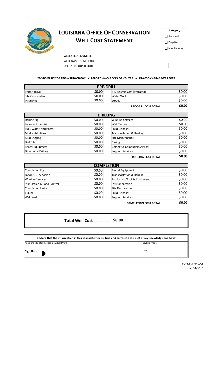 Form STRP-WCS Well Cost Statement - Louisiana, Page 1