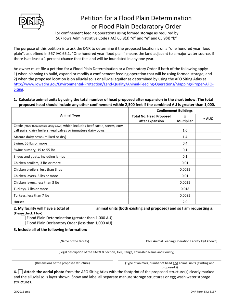 DNR Form 542-8157 Petition for a Flood Plain Determination or Flood Plain Declaratory Order - Iowa, Page 1