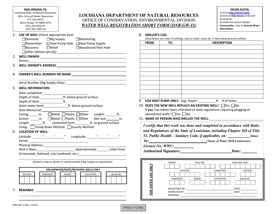 Form DNR-GW-1S Water Well Registration Short Form - Louisiana, Page 1