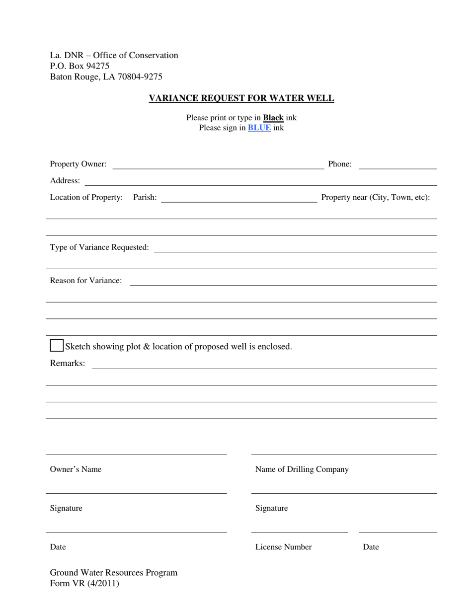Form VR Variance Request for Water Well - Louisiana, Page 1