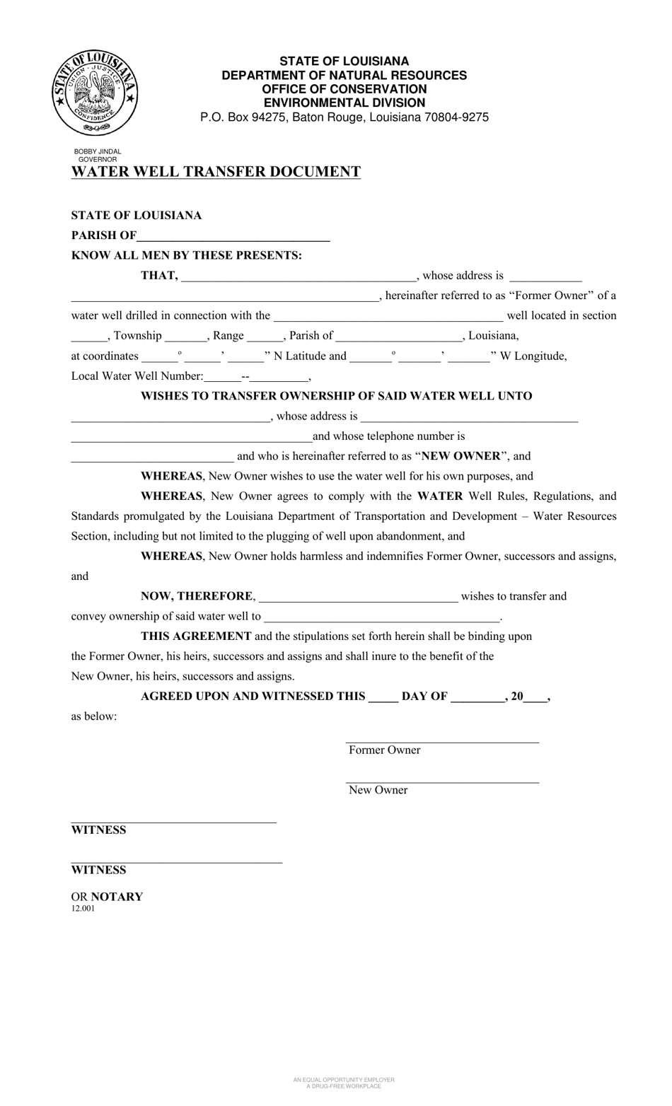 Water Well Transfer Document - Louisiana, Page 1