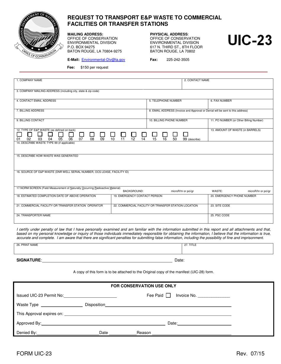 Form UIC-23 Request to Transport Ep Waste to Commercial Facilities or Transfer Stations - Louisiana, Page 1