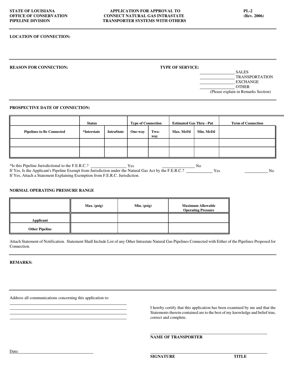 Form PL-2 Application for Approval to Connect Natural Gas Intrastate Transporter Systems With Others - Louisiana, Page 1