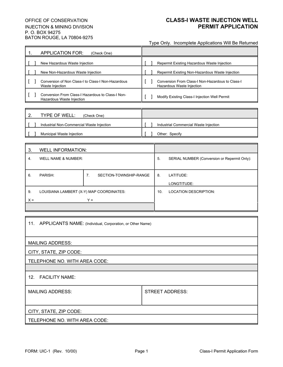 Form UIC-1 Class-I Waste Injection Well Permit Application - Louisiana, Page 1