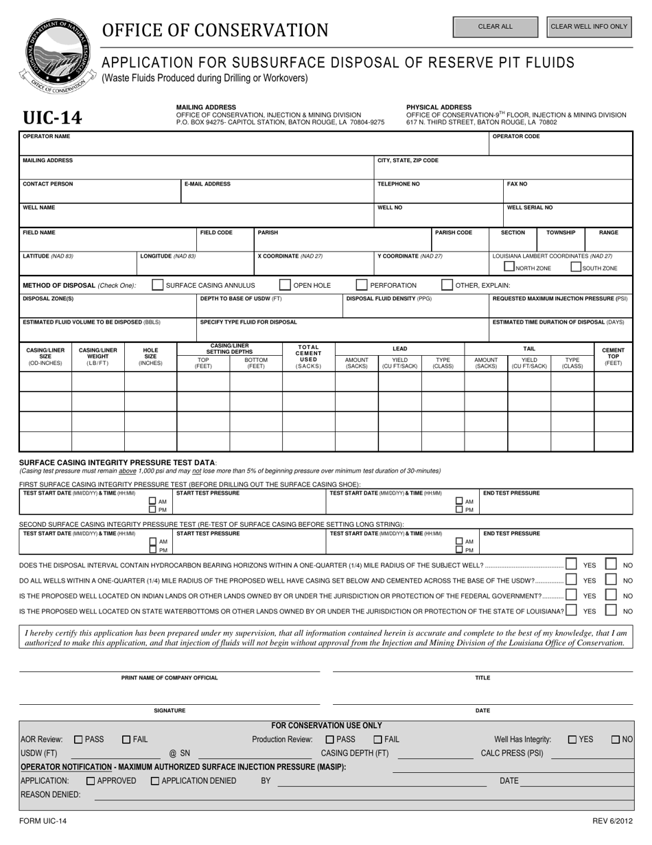 Form UIC-14 Application for Subsurface Disposal of Reserve Pit Fluids - Louisiana, Page 1