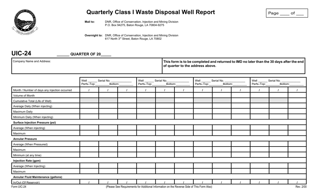 Form UIC-24 Quarterly Class I Waste Disposal Well Report - Louisiana