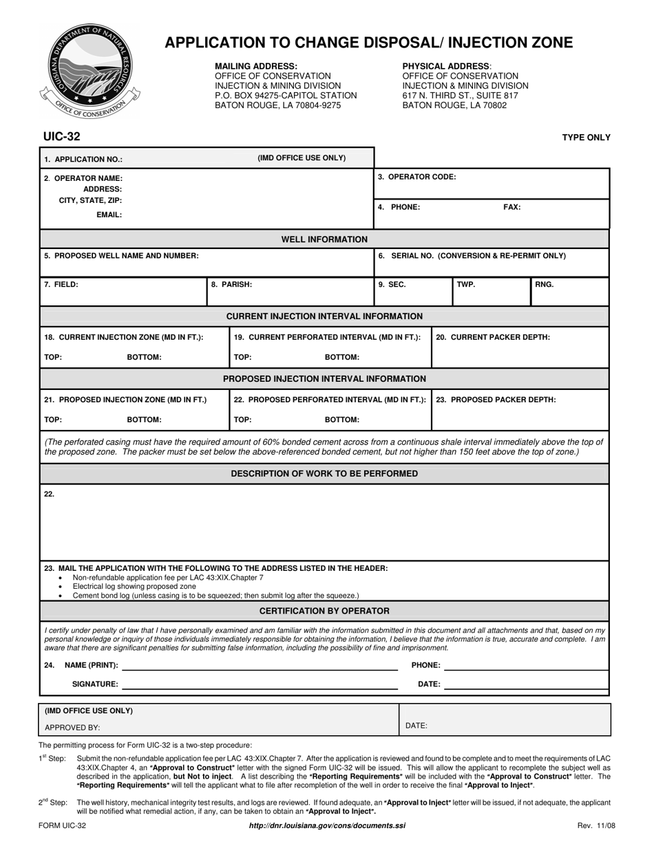 Form UIC-32 Application to Change Disposal / Injection Zone - Louisiana, Page 1