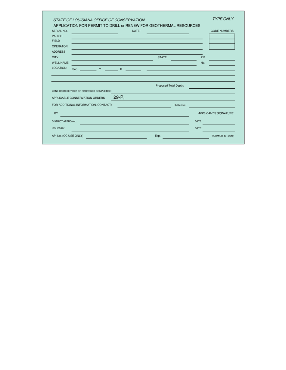 Form GR-10 Application for Permit to Drill or Renew for Geothermal Resources - Louisiana, Page 1