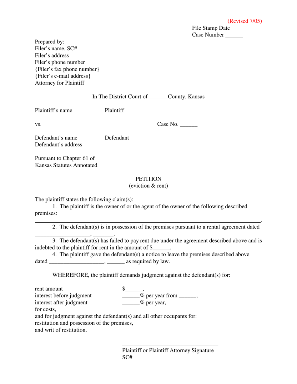 Kansas Petition (Eviction & Rent) - Fill Out, Sign Online and Download ...