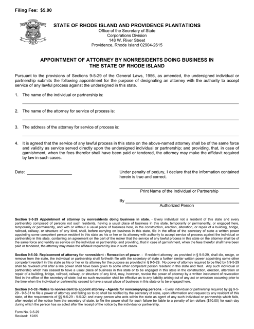 Form 9-5-29 Appointment of Attorney by Nonresidents Doing Business in the State of Rhode Island - Rhode Island