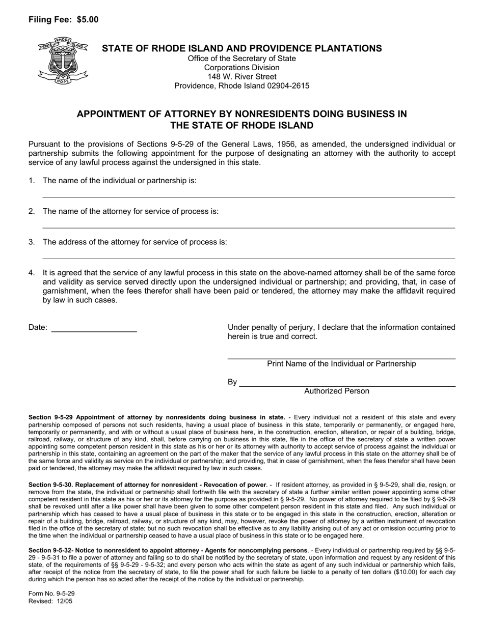 Form 9-5-29 Appointment of Attorney by Nonresidents Doing Business in the State of Rhode Island - Rhode Island, Page 1