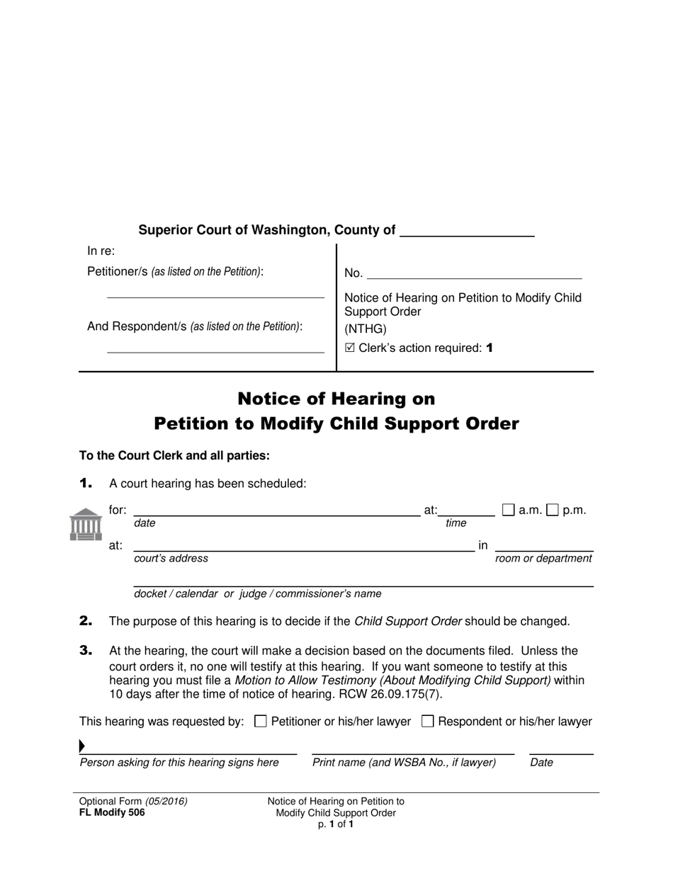 Form FL Modify506 Notice of Hearing on Petition to Modify Child Support Order - Washington, Page 1