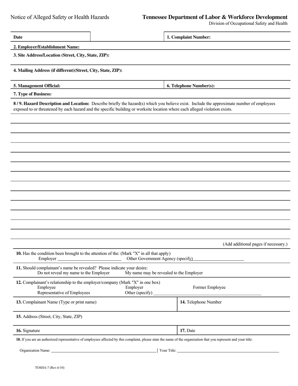 Form TOSHA-7 Report a Safety or Health Hazard Complaint Form - Tennessee, Page 2