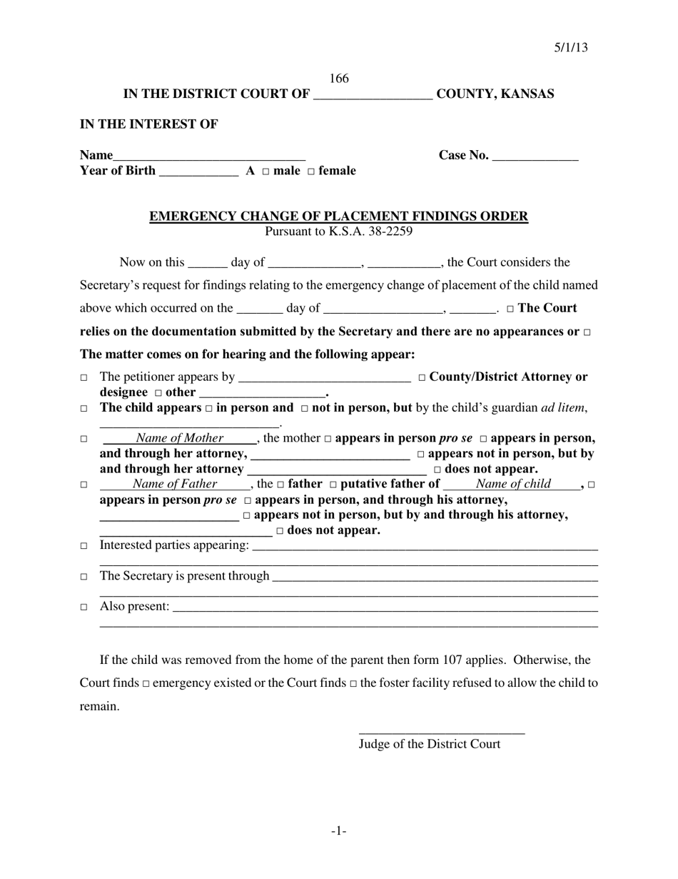 Form 166 Emergency Change of Placement Findings Order - Kansas, Page 1