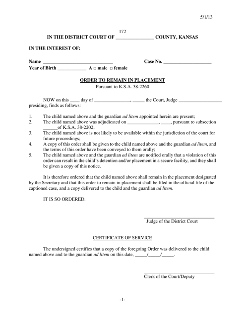 Form 172 Order to Remain in Placement - Kansas