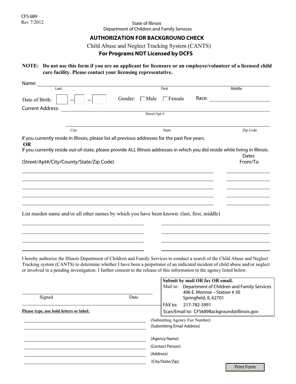 Form CFS689 Authorization for Background Check - Illinois, Page 1