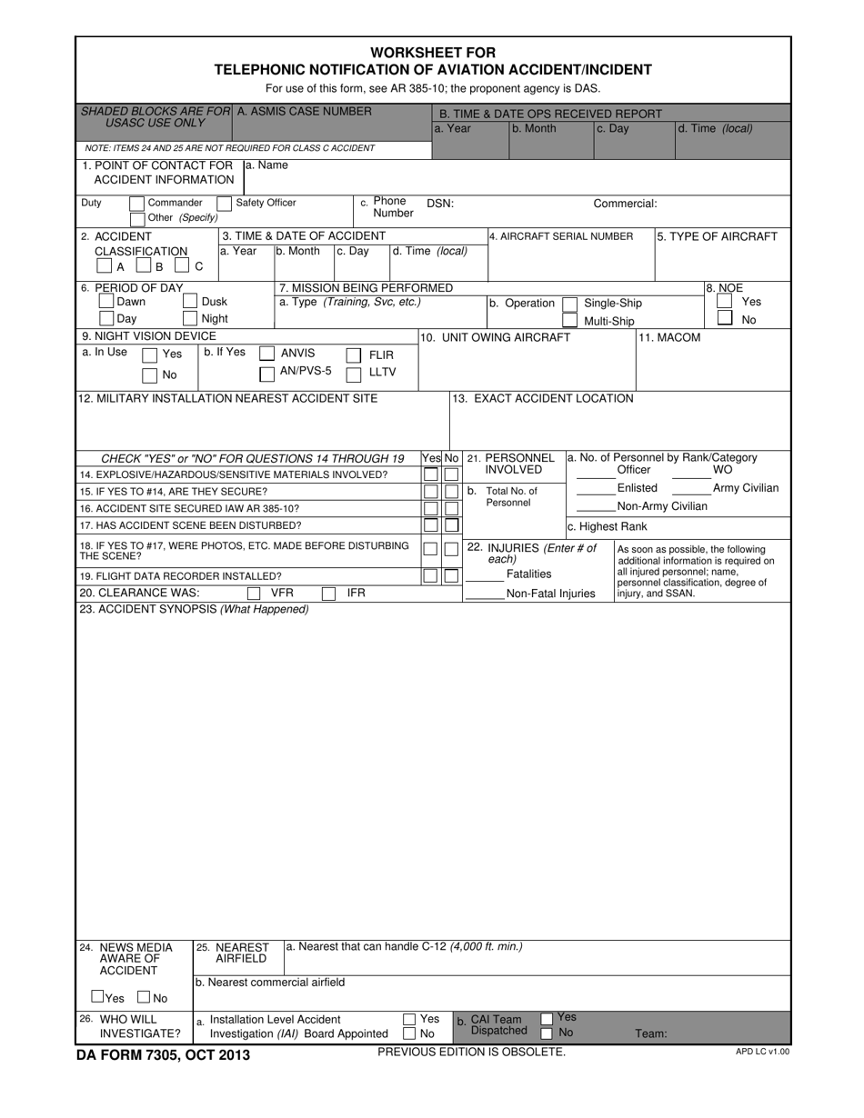 DA Form 7305 Worksheet for Telephonic Notification of Aviation Accident / Incident, Page 1