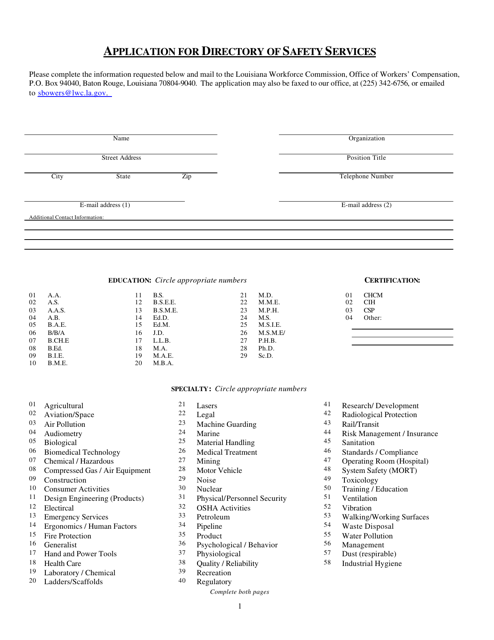 Application for Directory of Safety Services - Louisiana Download Pdf