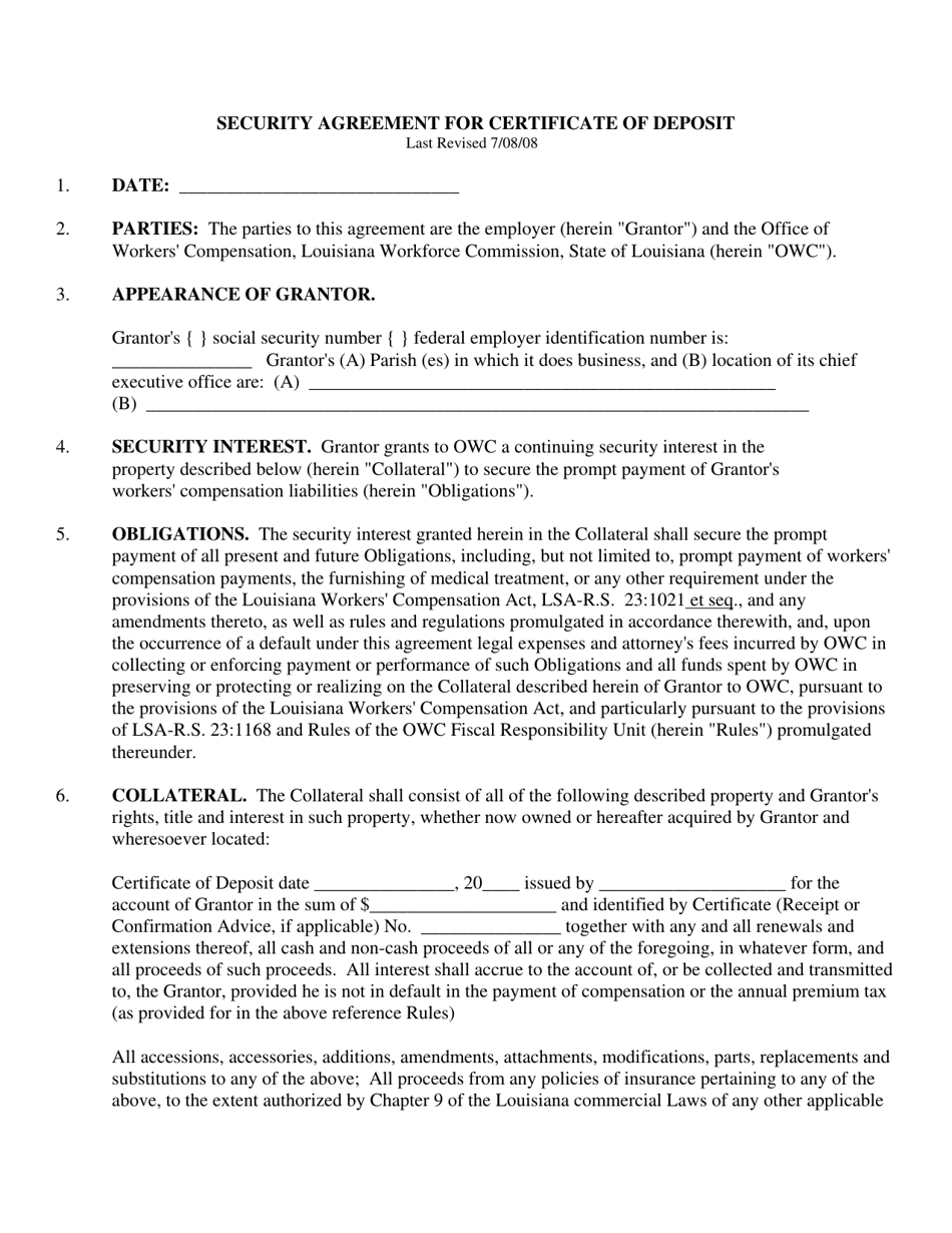 Security Agreement for Certificate of Deposit - Louisiana, Page 1