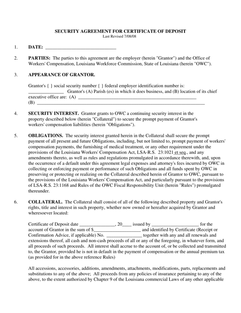 "Security Agreement for Certificate of Deposit" - Louisiana Download Pdf