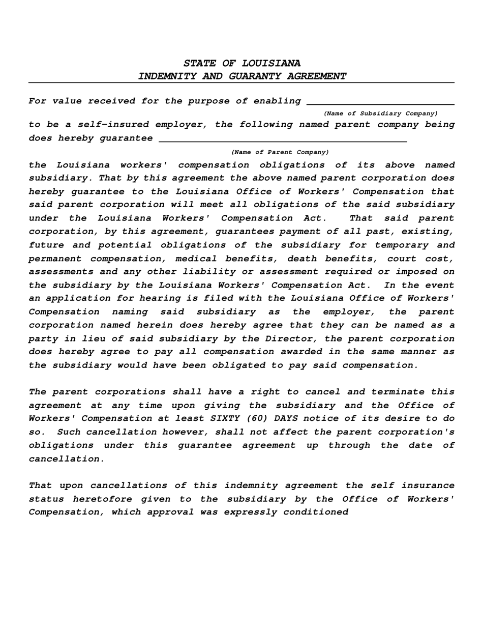 Indemnity and Guaranty Agreement - Louisiana, Page 1