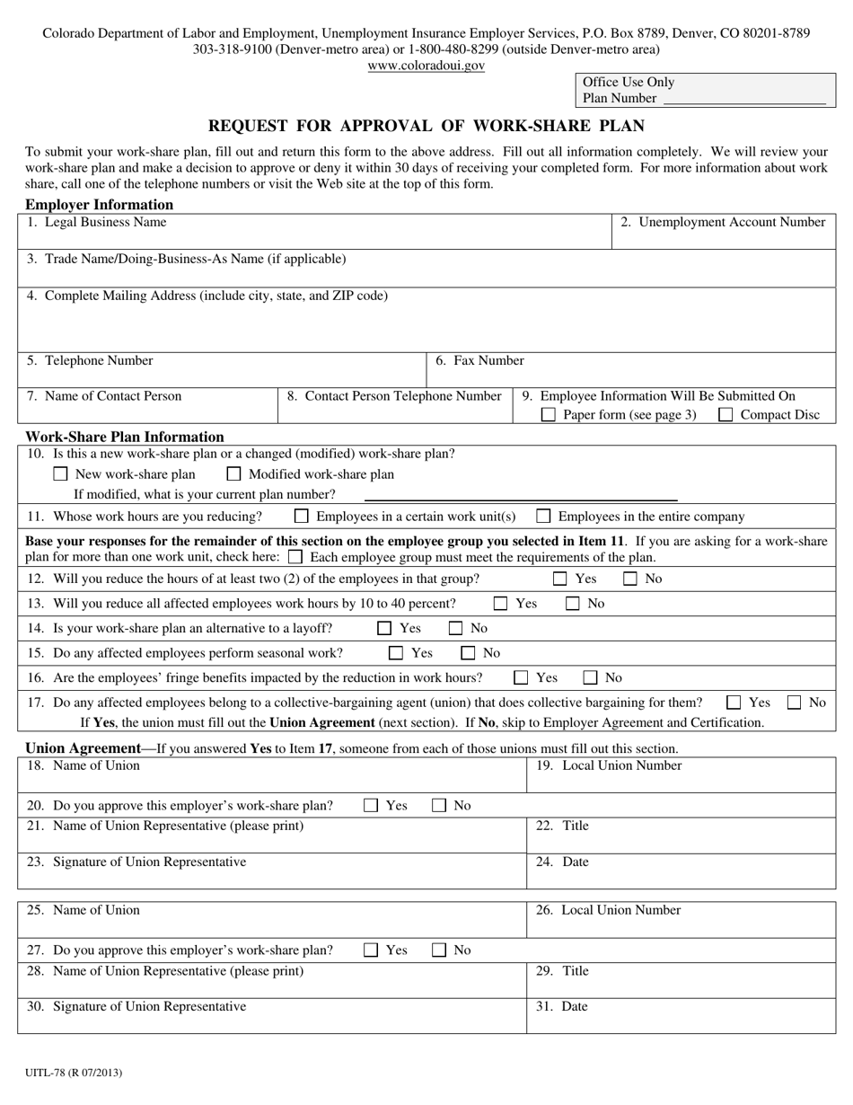 Form UITL-78 Request for Approval of Work-Share Plan - Colorado, Page 1