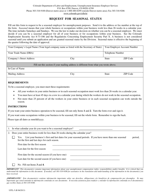 Form UITL-5 Request for Seasonal Status - Colorado
