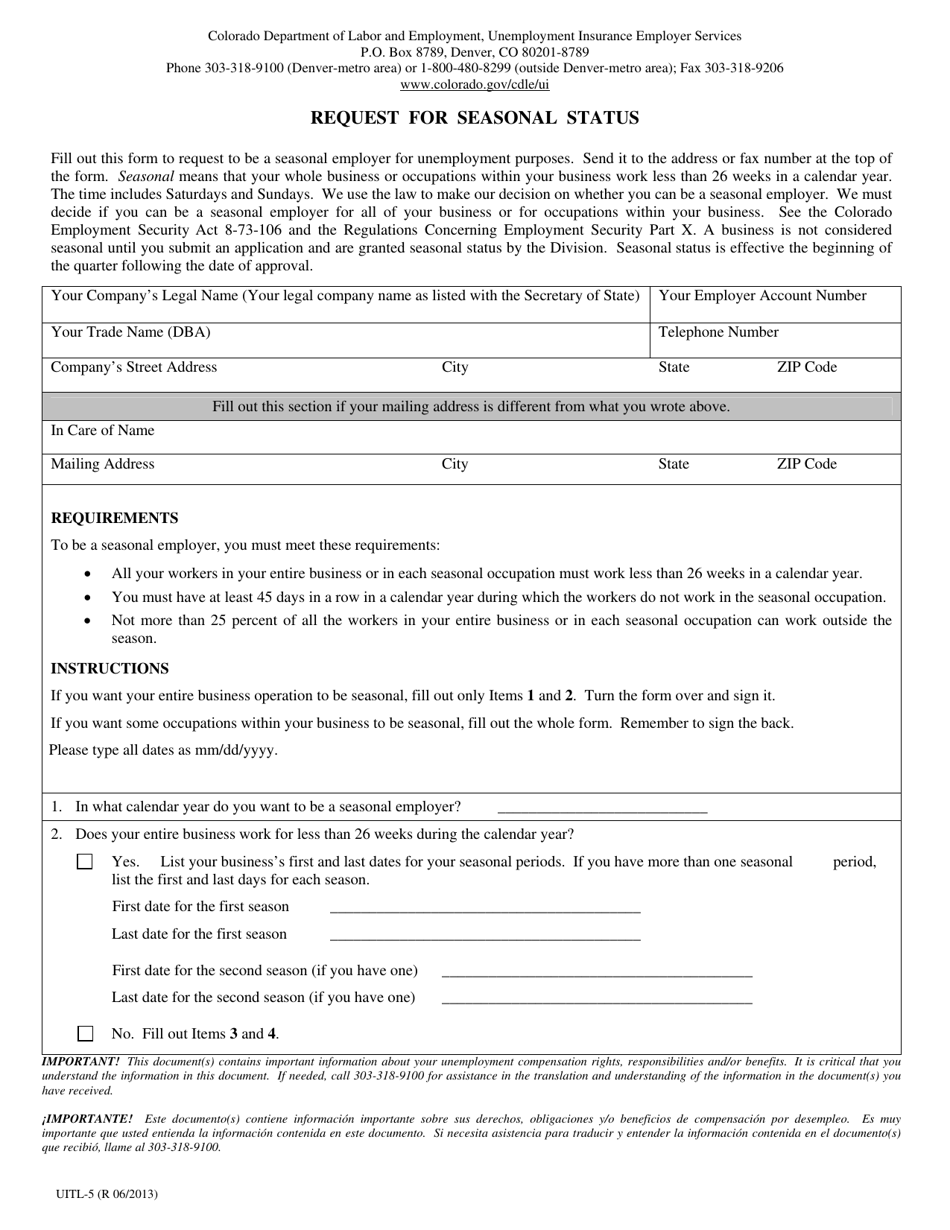 Form UITL-5 Request for Seasonal Status - Colorado, Page 1