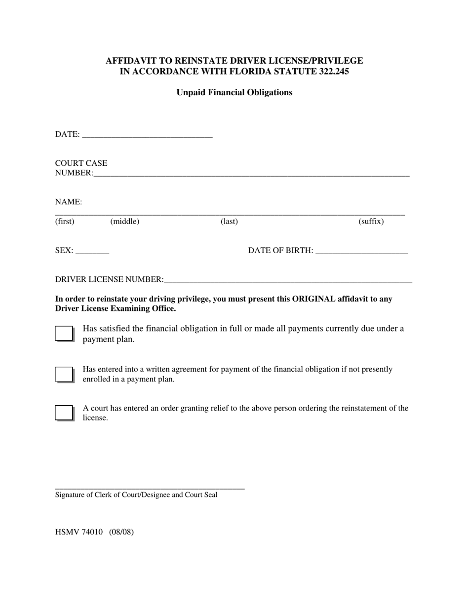 Form HSMV74010 Affidavit to Reinstate Driver License / Privilege in Accordance With Florida Statute 322.245 - Florida, Page 1