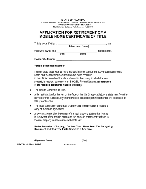 Form HSMV82109 Application for Retirement of a Mobile Home Certificate of Title - Florida