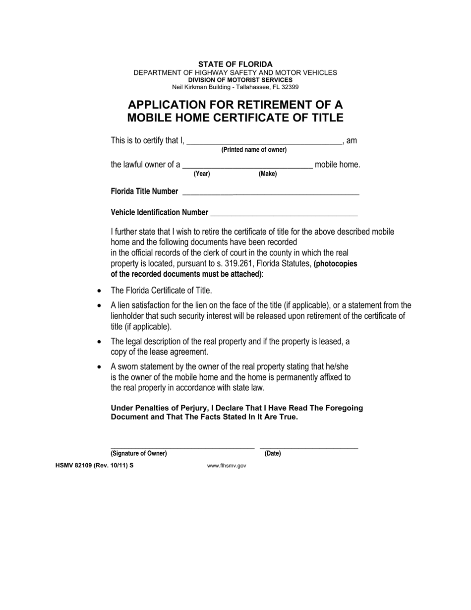 Form HSMV82109 Application for Retirement of a Mobile Home Certificate of Title - Florida, Page 1