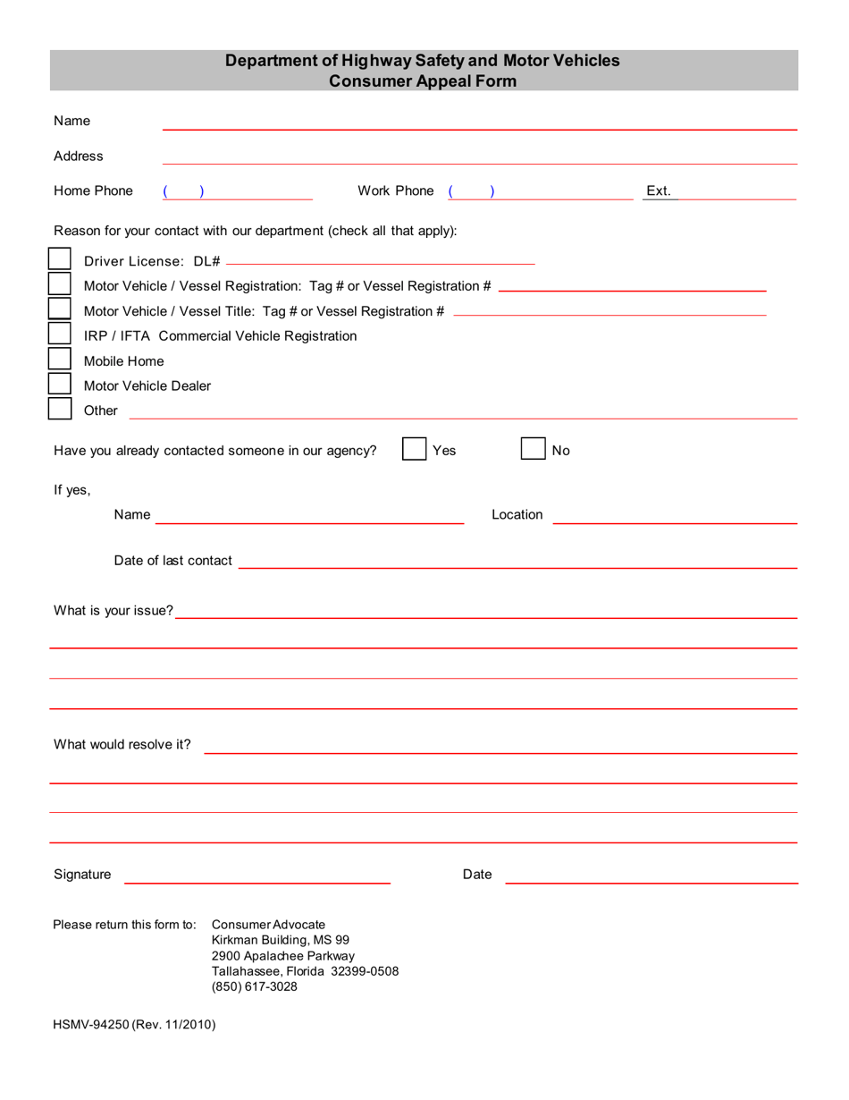 Form HSMV-94250 Consumer Appeal Form - Florida, Page 1