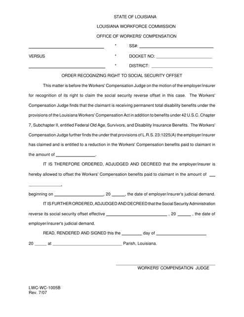 Form LWC-WC-1005B Order Recognizing Right to Social Security Offset - Louisiana
