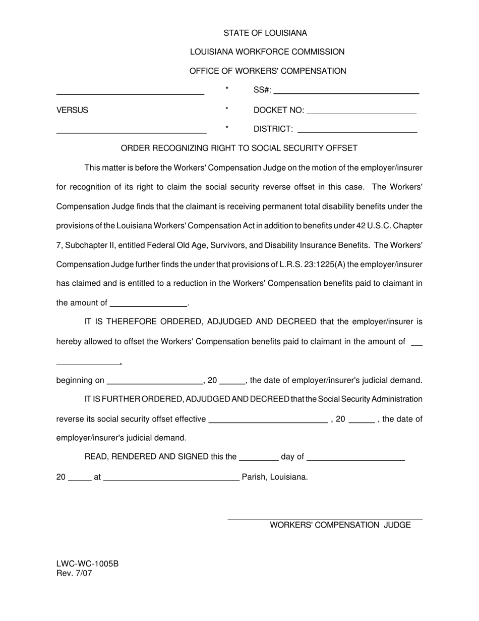 Form LWC-WC-1005B Order Recognizing Right to Social Security Offset - Louisiana, Page 1