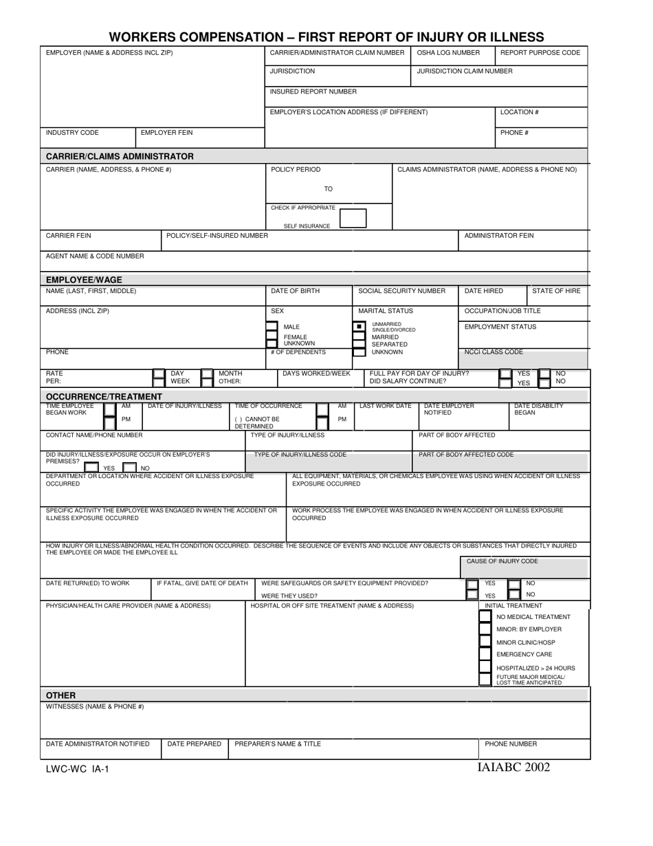 Form LWC-WC IA-1 Workers Compensation - First Report of Injury or Illness - Louisiana, Page 1