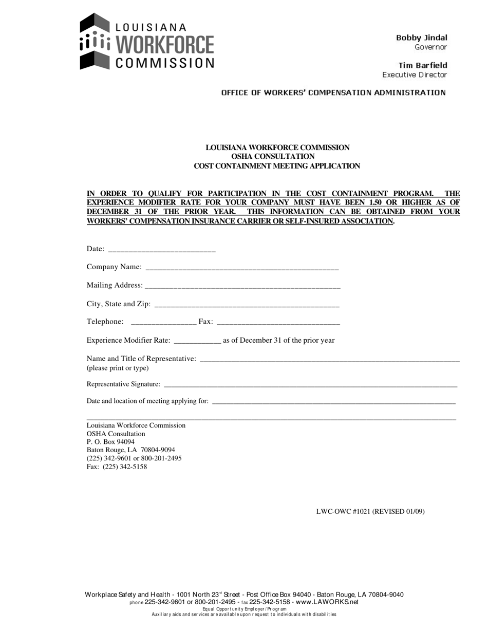 Form LWC-WC1021 Cost Containment Application - Louisiana, Page 1