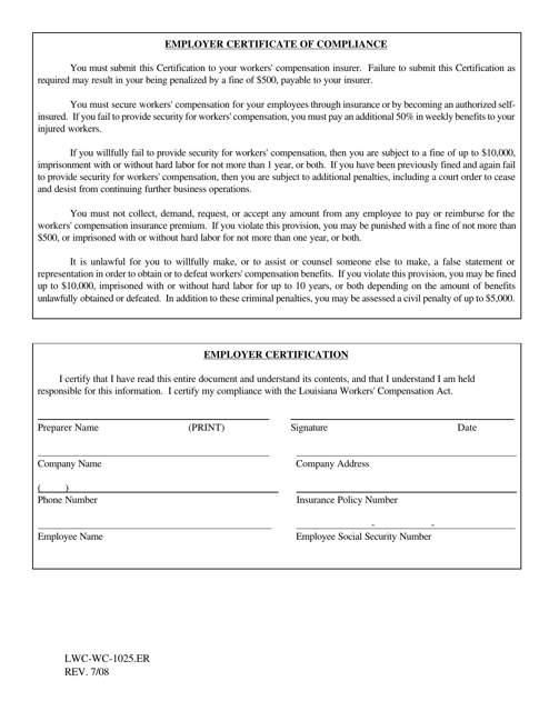 Form LWC-WC-1025.ER Employer Certificate of Compliance - Louisiana