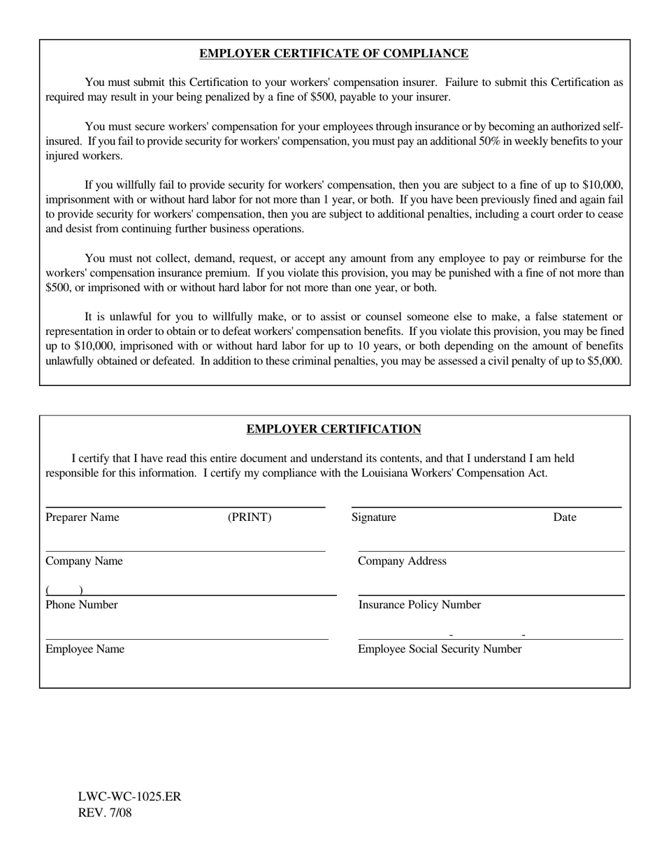 Form LWC-WC-1025.ER Employer Certificate of Compliance - Louisiana, Page 1